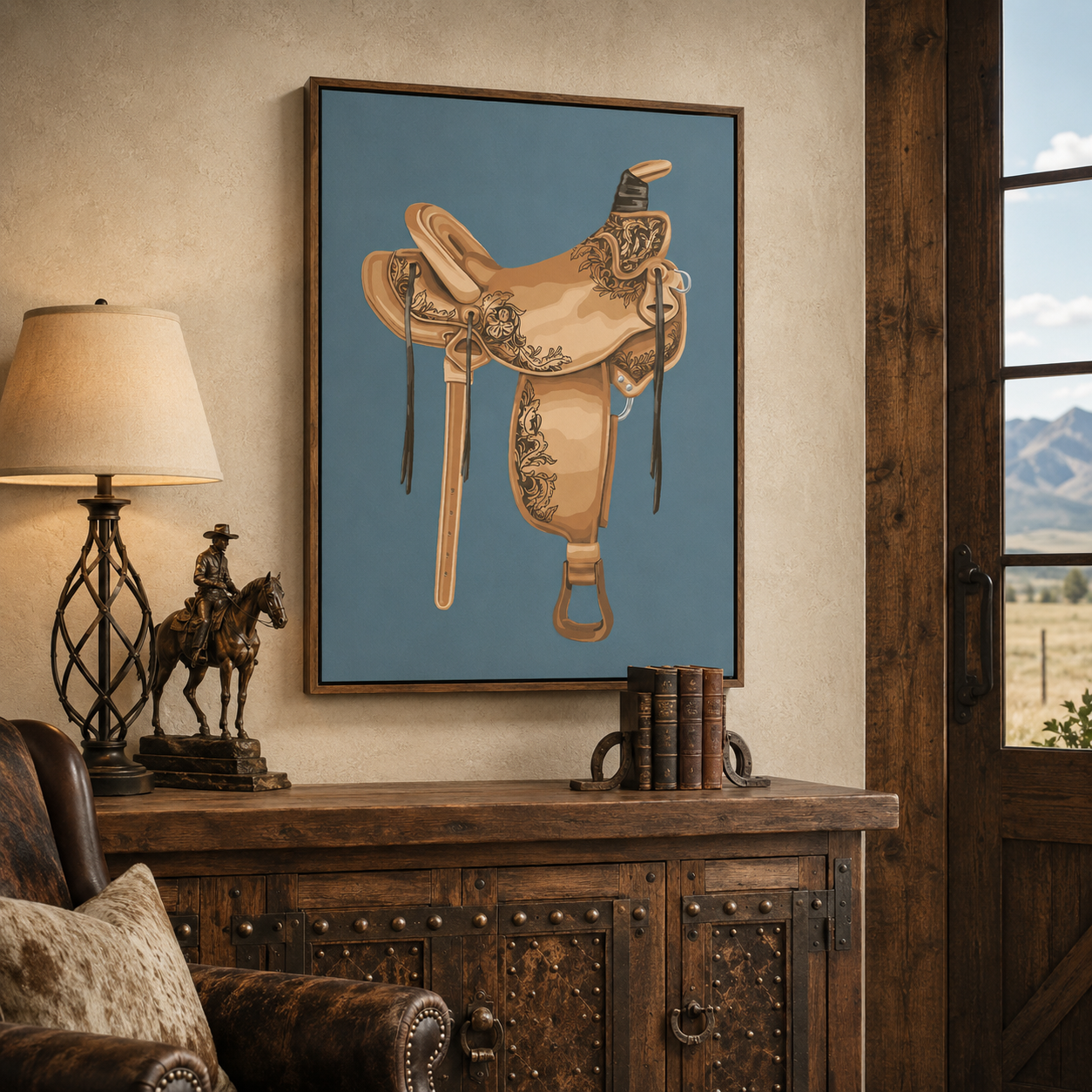 A framed art print featuring a detailed illustration of a western leather saddle on a muted blue background, displayed over a rustic wooden cabinet in a styled room with a lamp, books, and a window view.