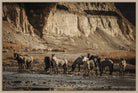 Group of horses drinking water in a desert landscape with cliffs in the background - Your Western Decor