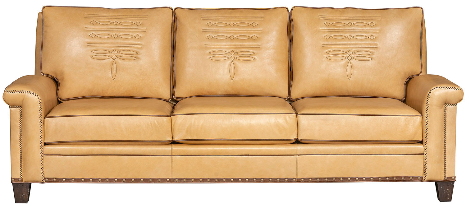 Front view of palomino leather boot stitch western sofa 