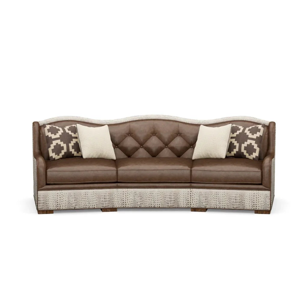 Front view of curved tufted leather sofa, American made, made to order
