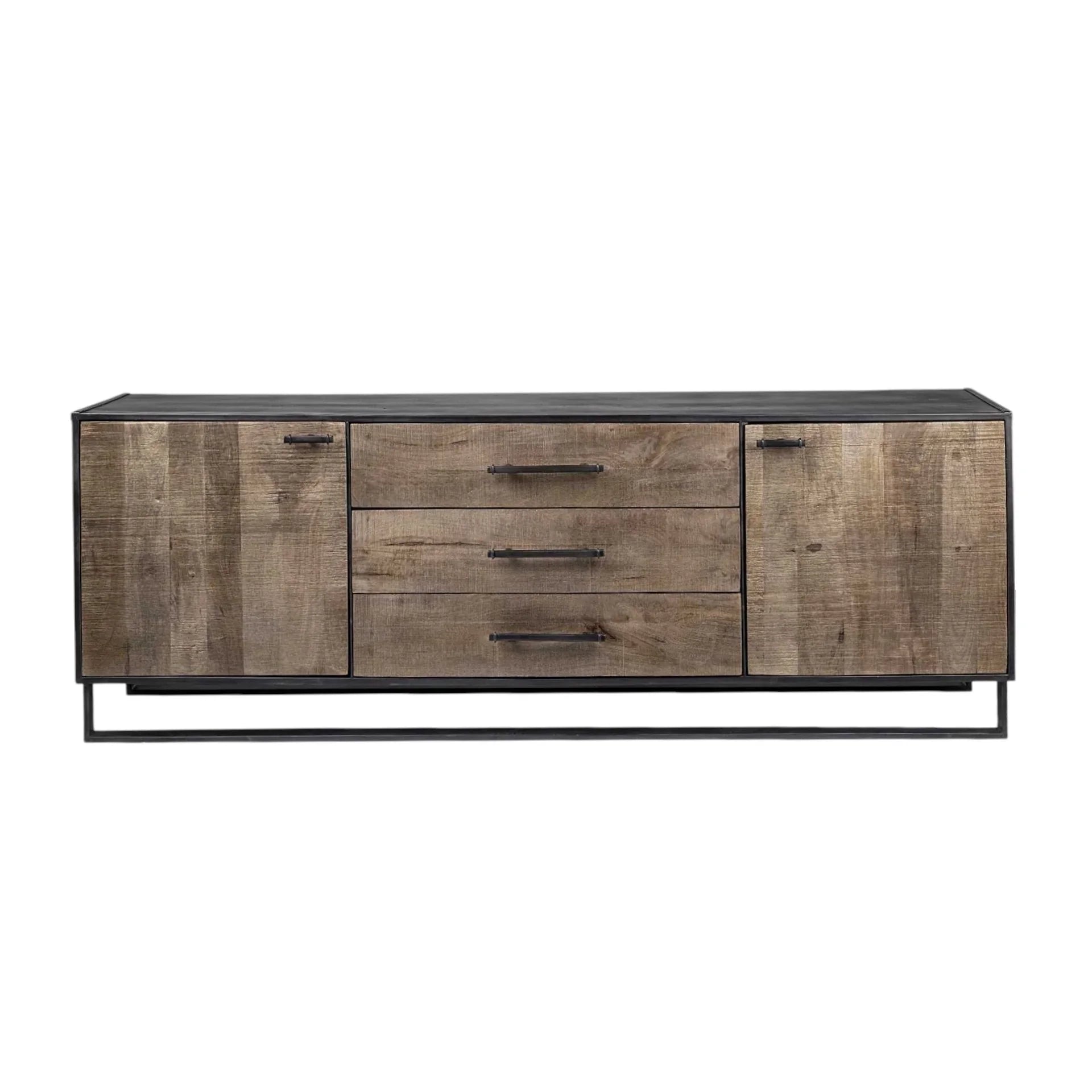 Front view of mango wood sideboard with iron frame