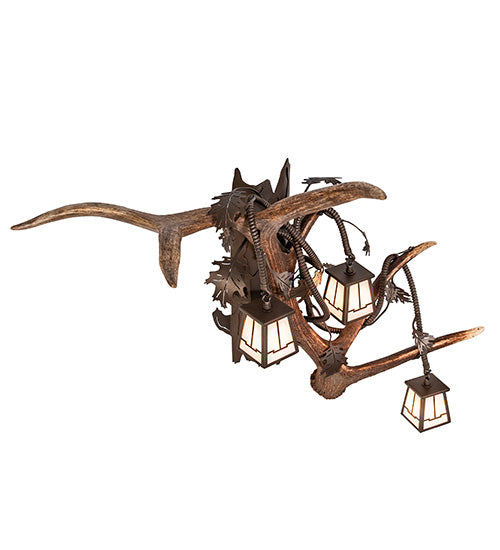 Elk and mule deer antler wall sconce with three lantern light, handcrafted in the USA