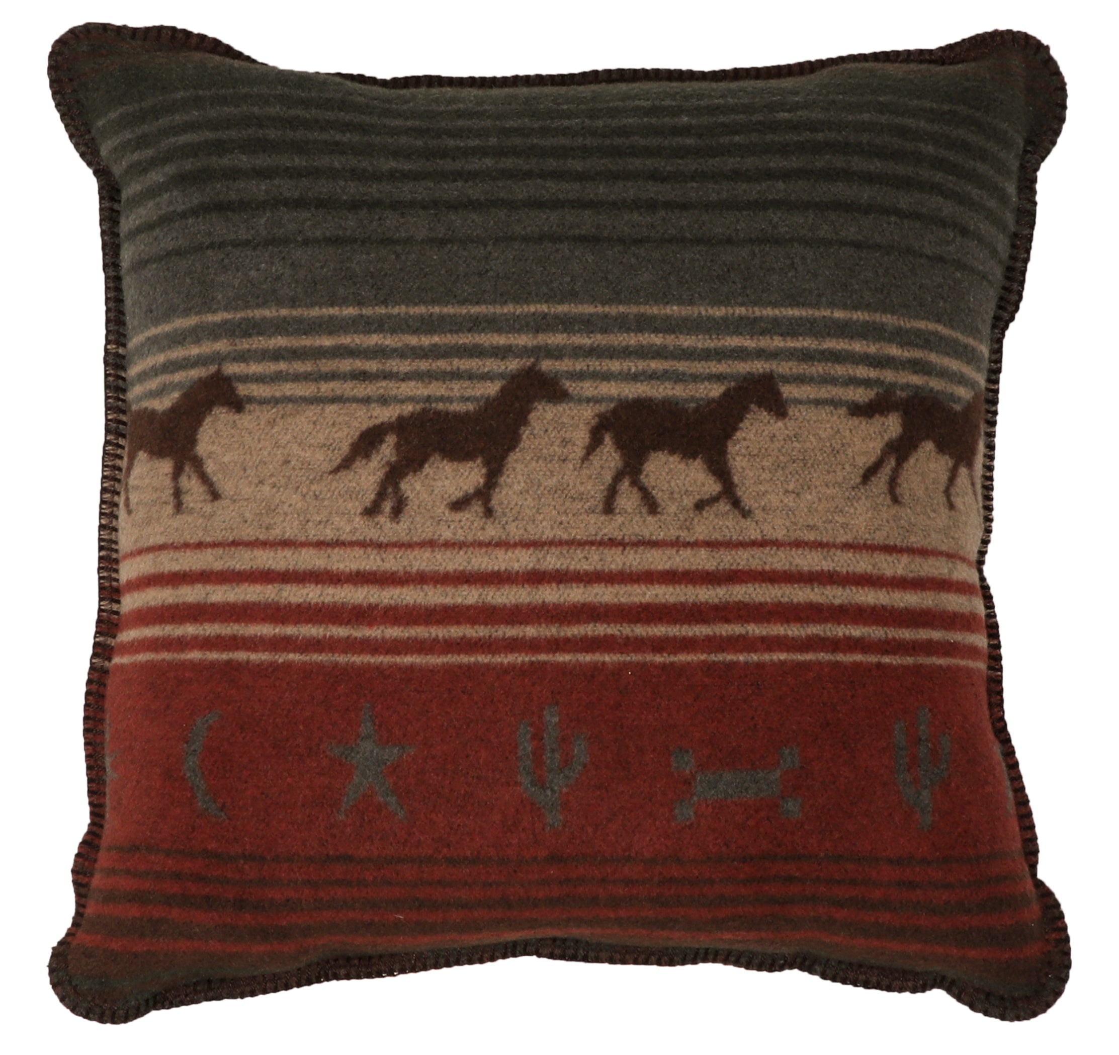 Western mustang throw pillow with running horse design in rust, sage, and charcoal tones, wool blend fabric with blanket stitching, American made ranch decor accent