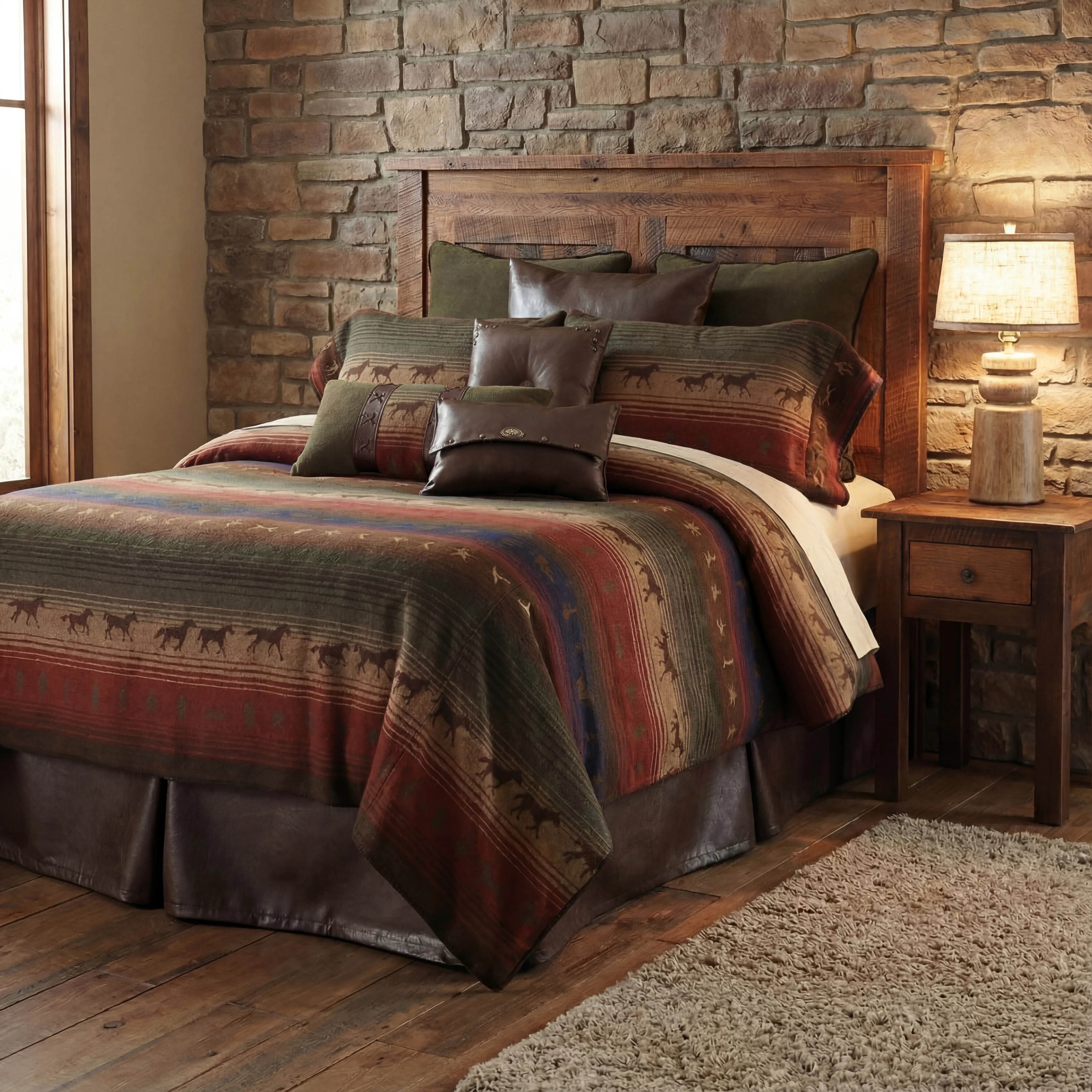 Rustic bedroom with wooden headboard and stone wall, featuring Galloping Trails American made bedding ensemble 