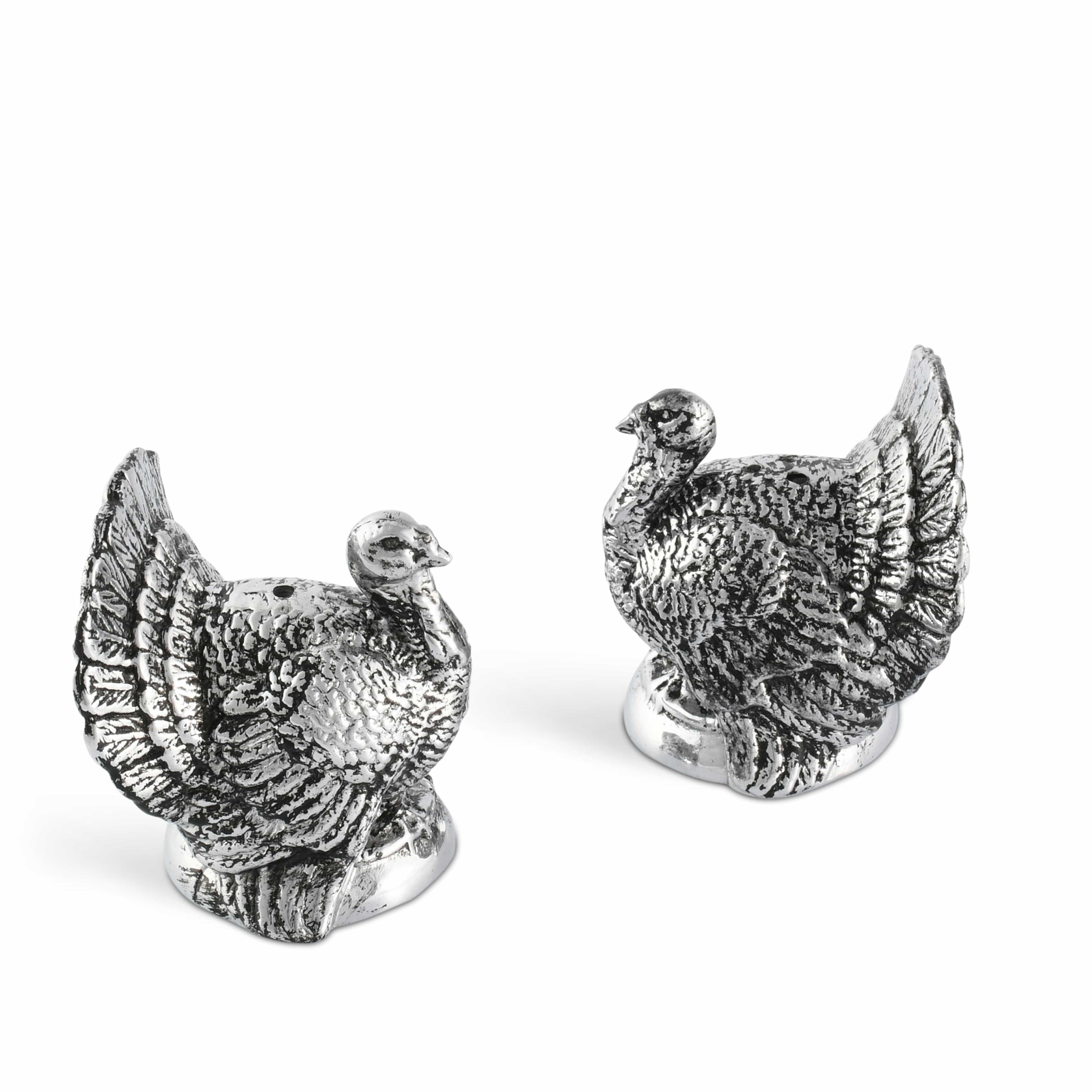 Two silver turkey salt pepper shakers on a white background - Your Western Decor