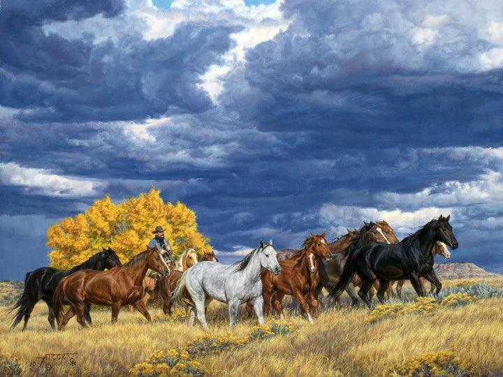 Gathering Before the Storm cowboy horse art - bringing in horses - Your Western Decor