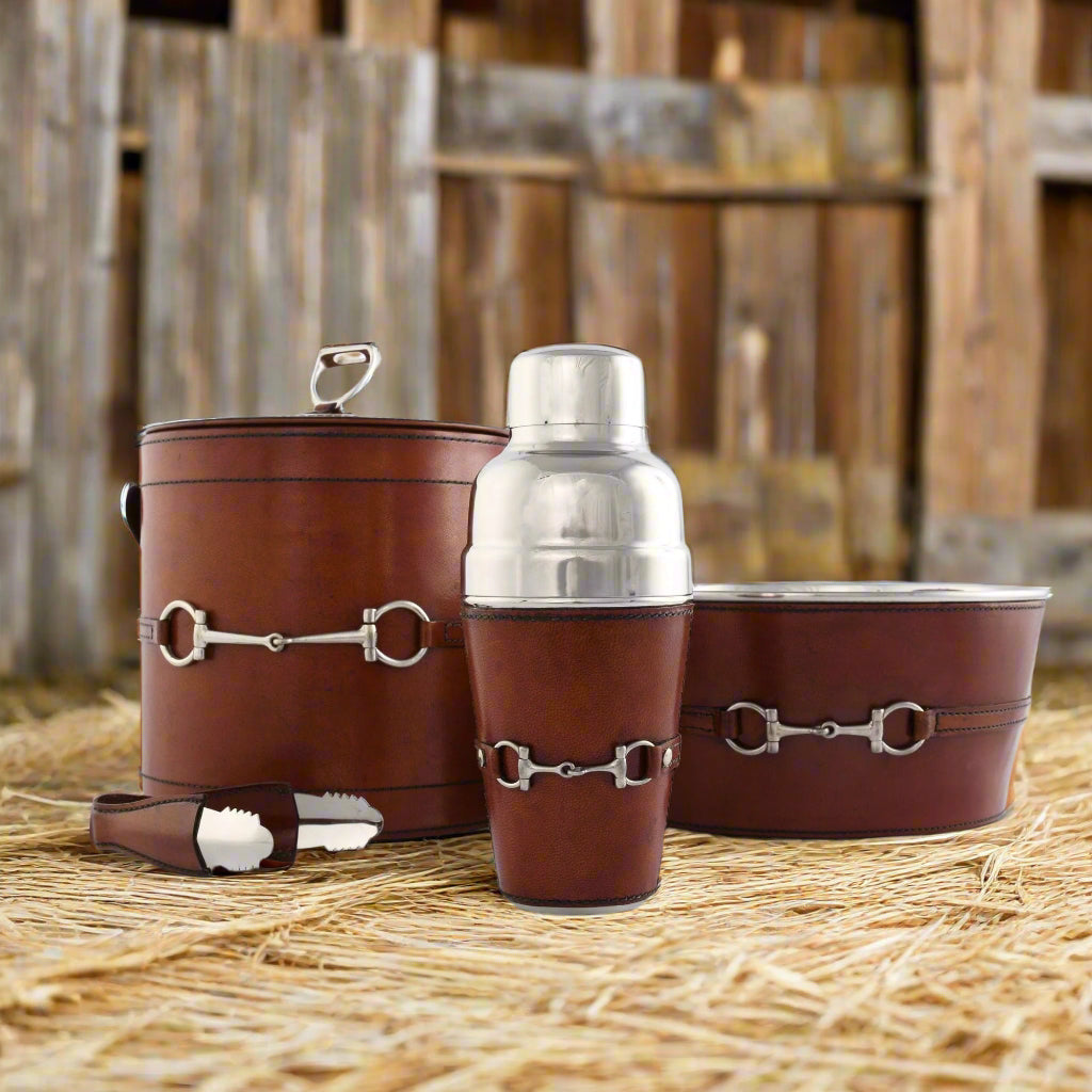 Luxury leather and stainless steel bar accessories with pewter snaffle bit embellishments - Your Western Decor