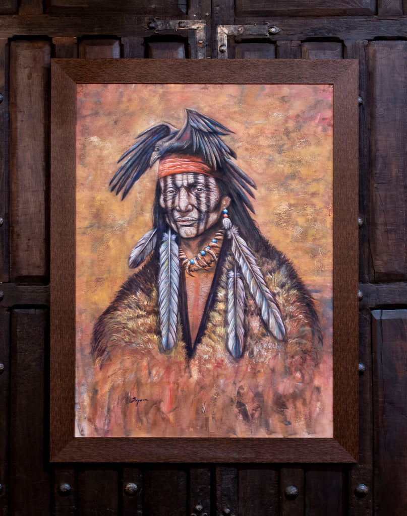 Geronimo with Crow Framed Print by artist Rolando Segura - Your Western Decor