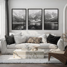 glacier national park triptych wall art black white mountain fine art print set, black frame