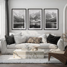 modern mountain wall decor triptych nature photography prints, black wood frame, white border