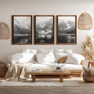 black and white mountain triptych wall art glacier national park print set, natural wood frame 