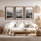 western lodge wall art glacier national park black white triptych, natural wood frame, white border
