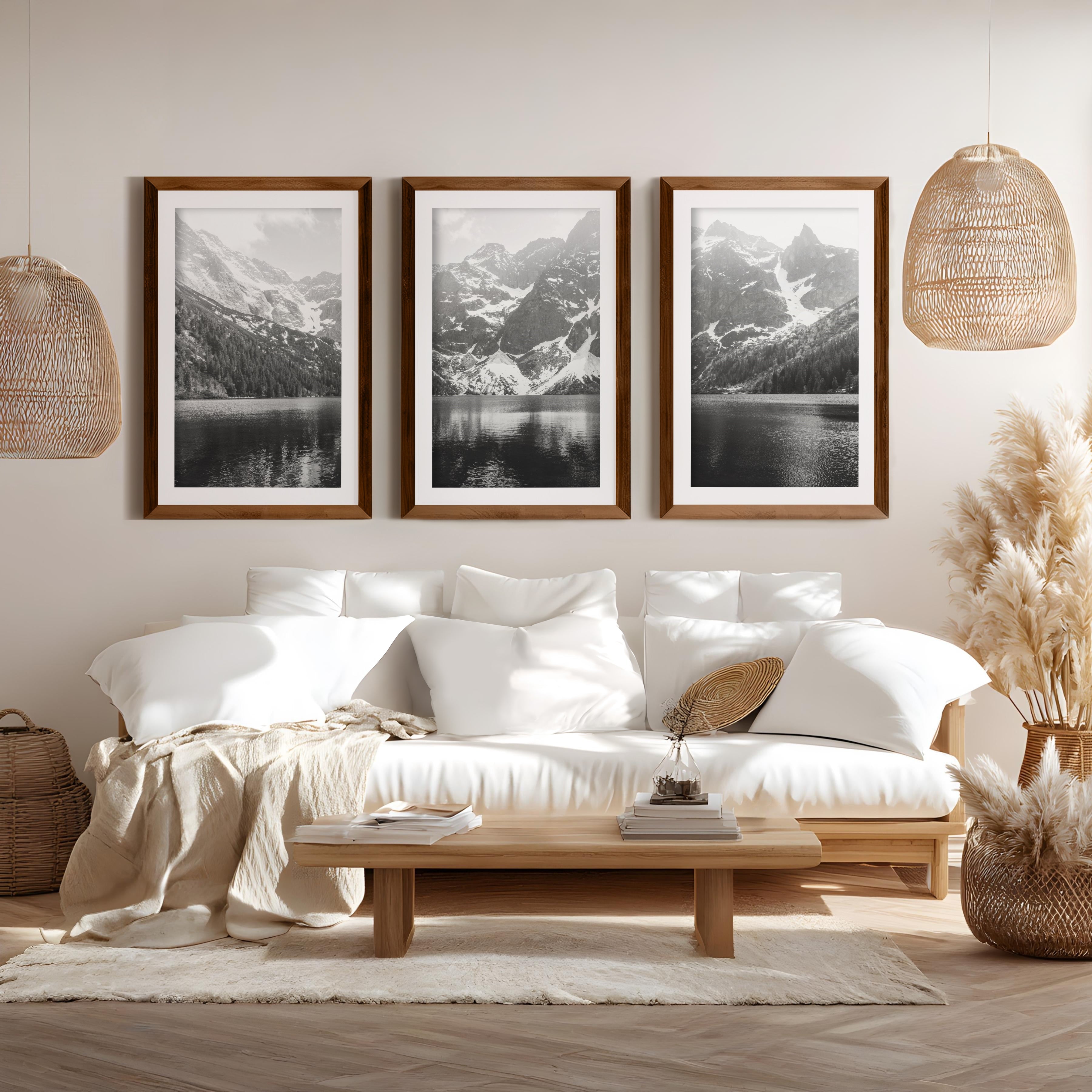 western lodge wall art glacier national park black white triptych, natural wood frame, white border