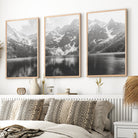 black and white mountain triptych wall art glacier national park print set, natural wood frame, no border