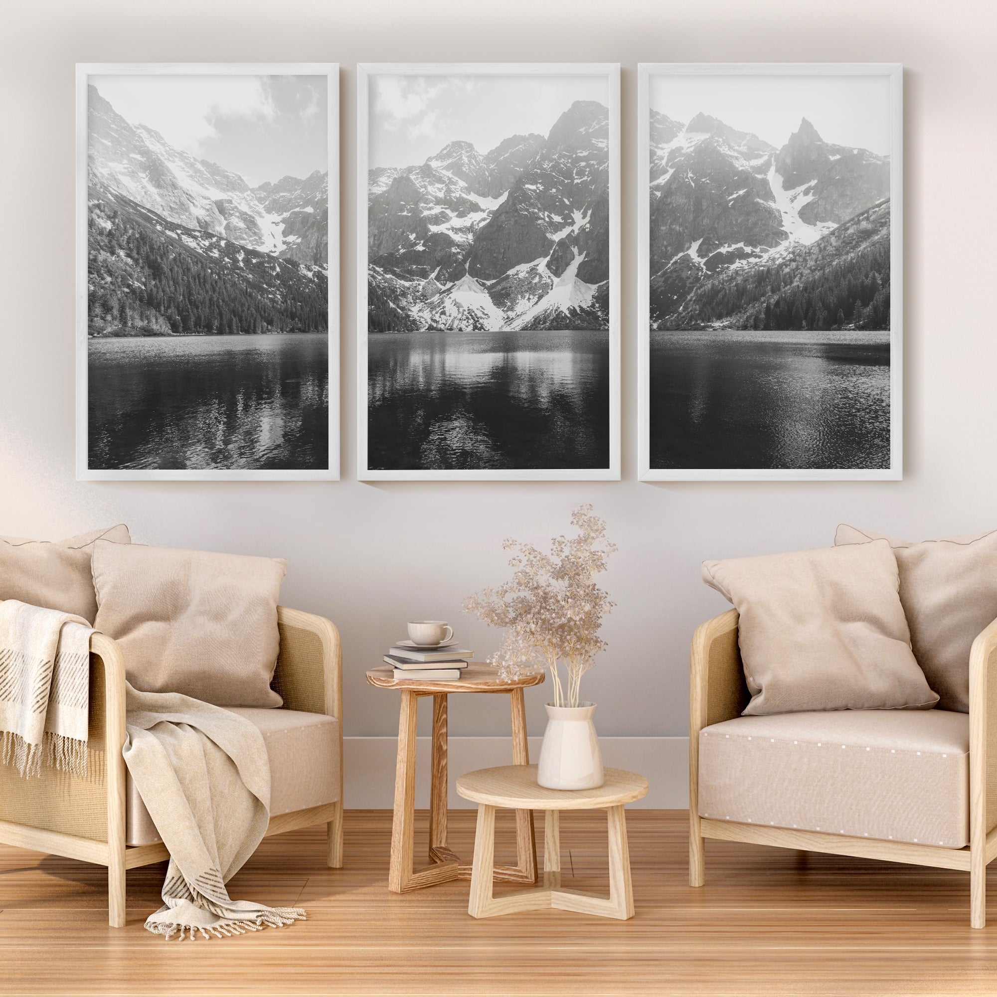 black and white mountain triptych wall art glacier national park print set, white frame