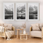 3 piece mountain wall art set alpine lake landscape fine art prints, white wood frame with white border