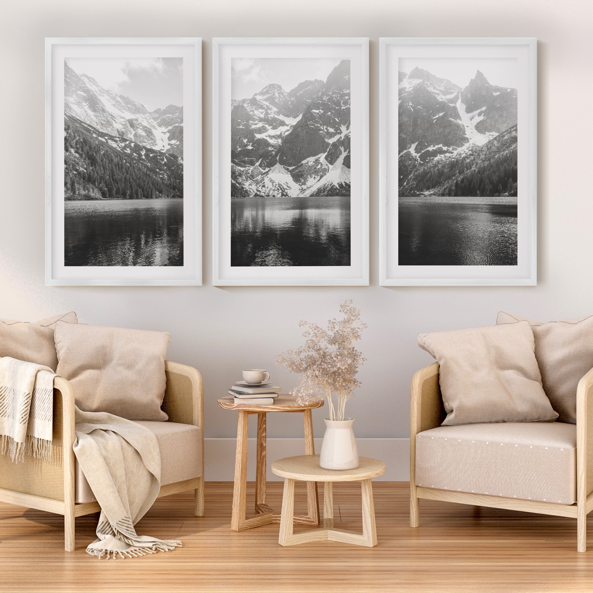 3 piece mountain wall art set alpine lake landscape fine art prints, white wood frame with white border