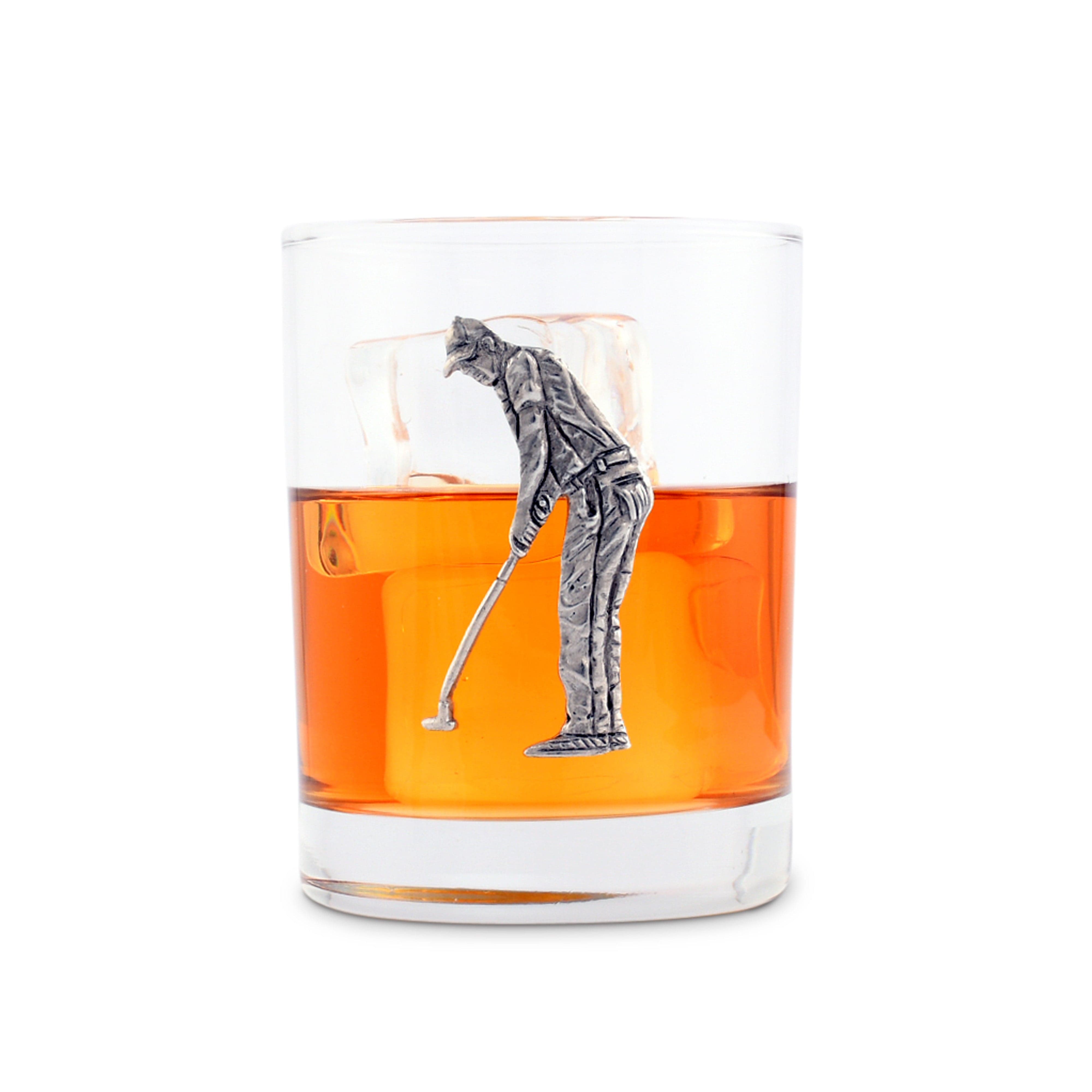 Glass with a golf-themed design filled with whiskey- Your Western Decor