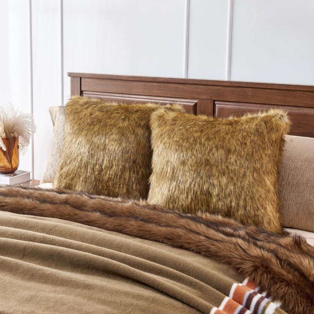 Grand Canyon Soil Faux Fur Wool Blankets in brown with terra cotta and white strips - Your Western Decor