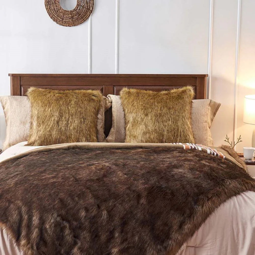 Grand Canyon Soil Faux Fur Wool Blankets in brown with terra cotta and white strips - Your Western Decor