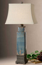 Distressed blue glazed ceramic table lamp with slubbed linen shade - Your Western Decor