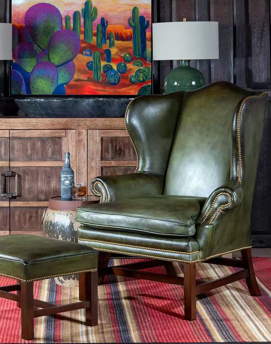 Wingback Chair and Stool in Olive Green Leather - Made in the USA - Your Western Decor