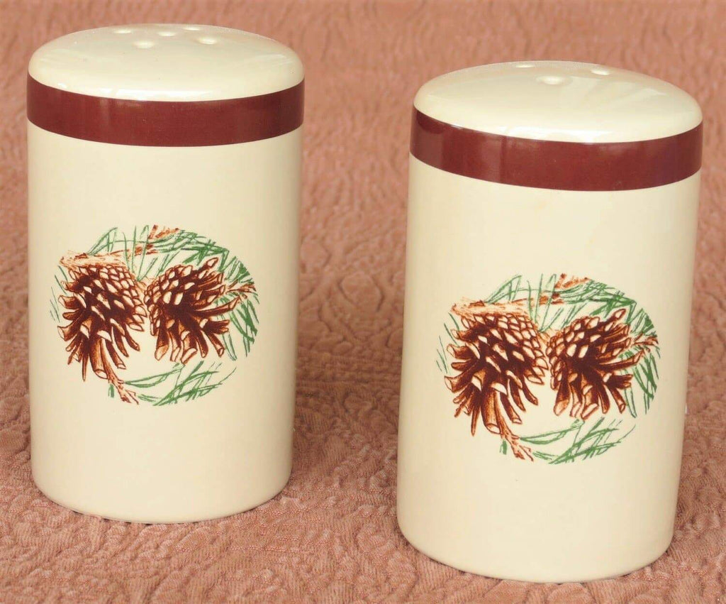 Green Pines, ceramic salt and pepper shakers with pine cone design. Your Western Decor