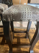 Custom made bar stools with gray / silver croc embossed leather, nail trim, and dark chocolate finished frame