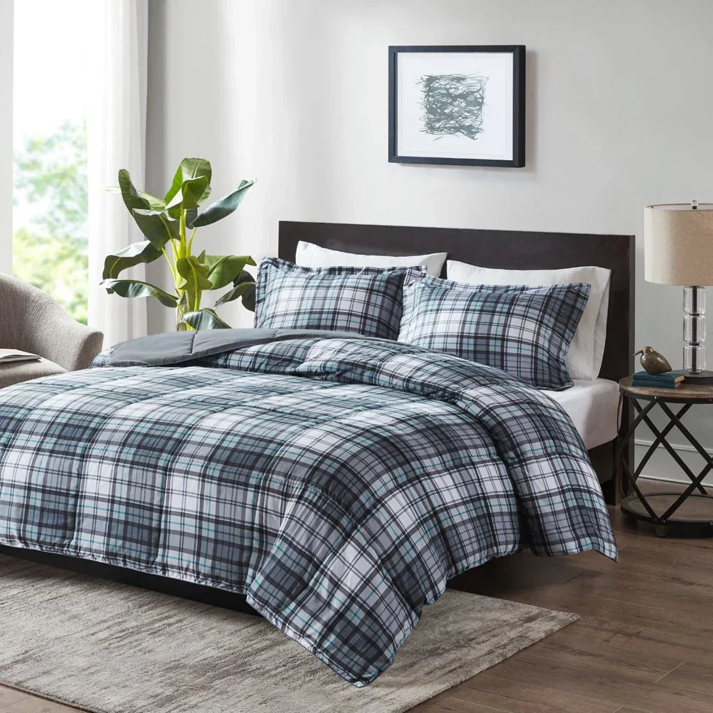 Blue-grey plaid comforter set - Your Western Decor