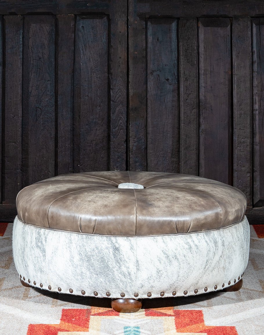 Round western ottoman upholstery cowhide and leather - Your Western Decor