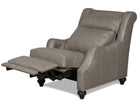 Gray leather upholstered recliner reclined view with antiqued silver nail trim 