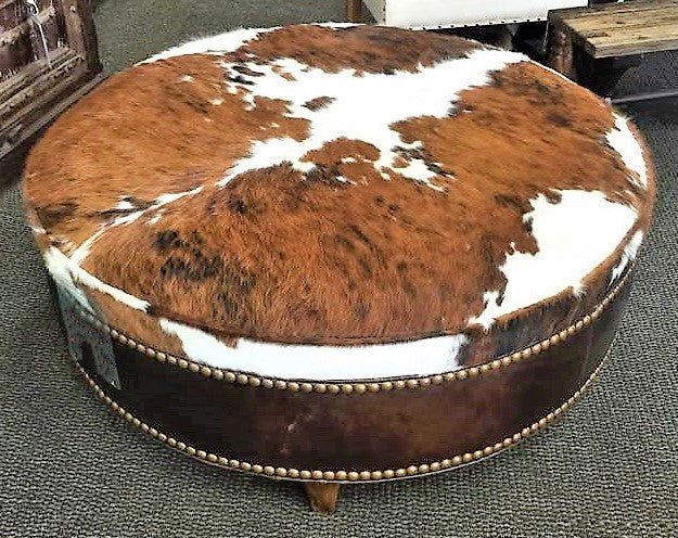 Western ottoman with brown leather and brown and white cowhide - handmade in the USA - Your Western Decor