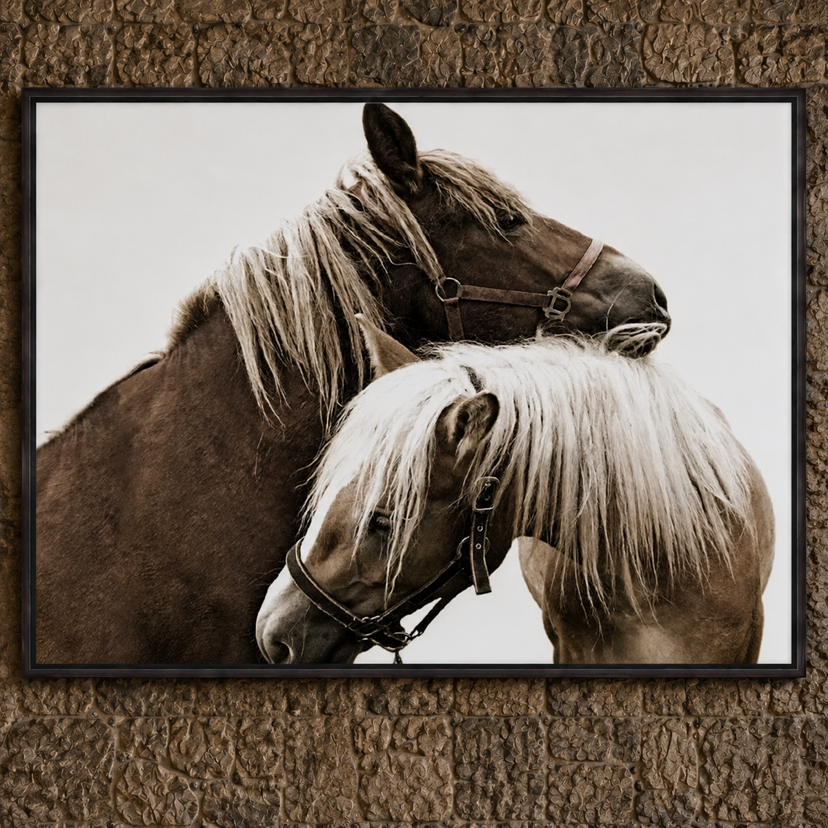 A framed photographic print of two horses, one dark brown and one light beige, displayed on a textured brown wall.