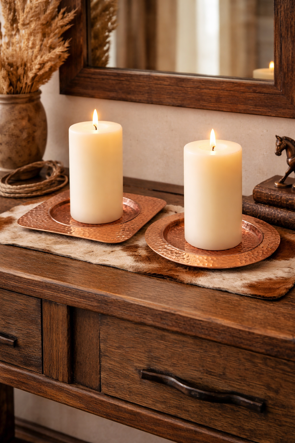 Two white candles on copper trays on a wooden surface with a mirror in the background - Your Western Decor