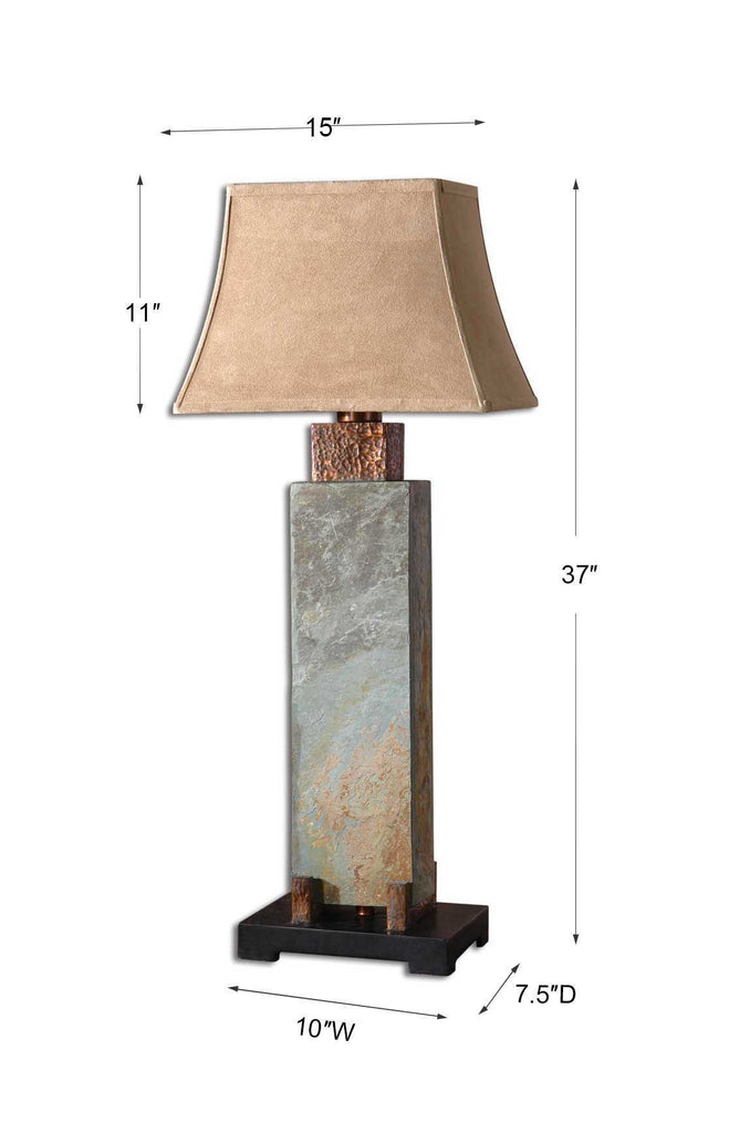 Hand-hewn slate and hammered copper tall table lamp with suede indoor/outdoor lamp shade - Your Western Decor