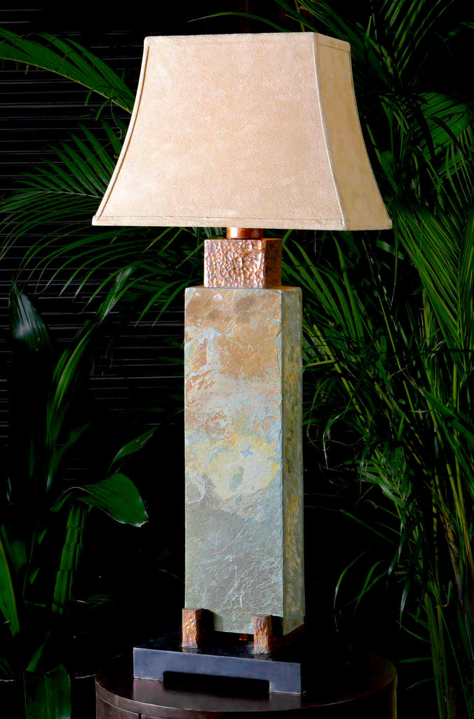 Hammered copper and hand hewn slate tall table lamp with indoor/outdoor suede lamp shade - Your Western Decor