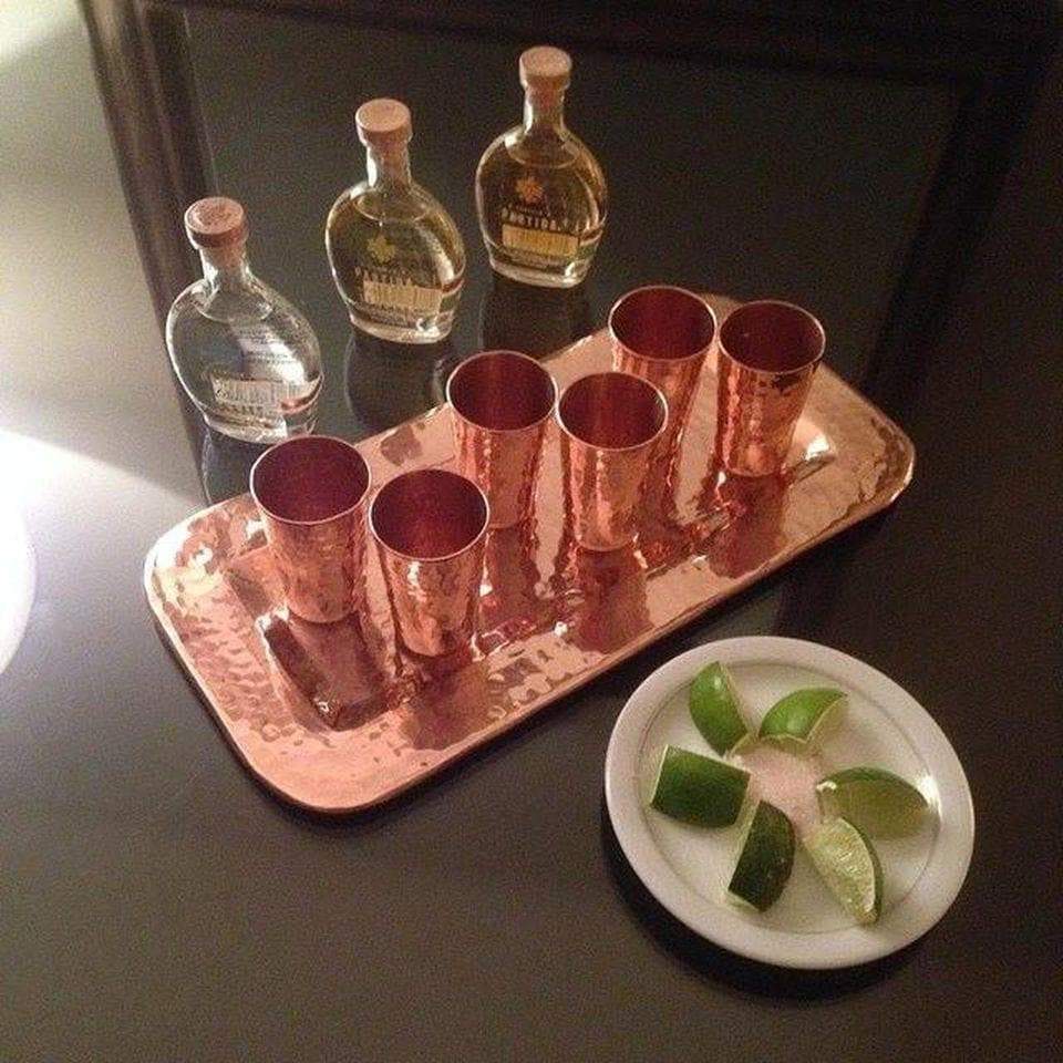 Hammered copper tequila shot cups and serving tray. Handmade. Your Western Decor