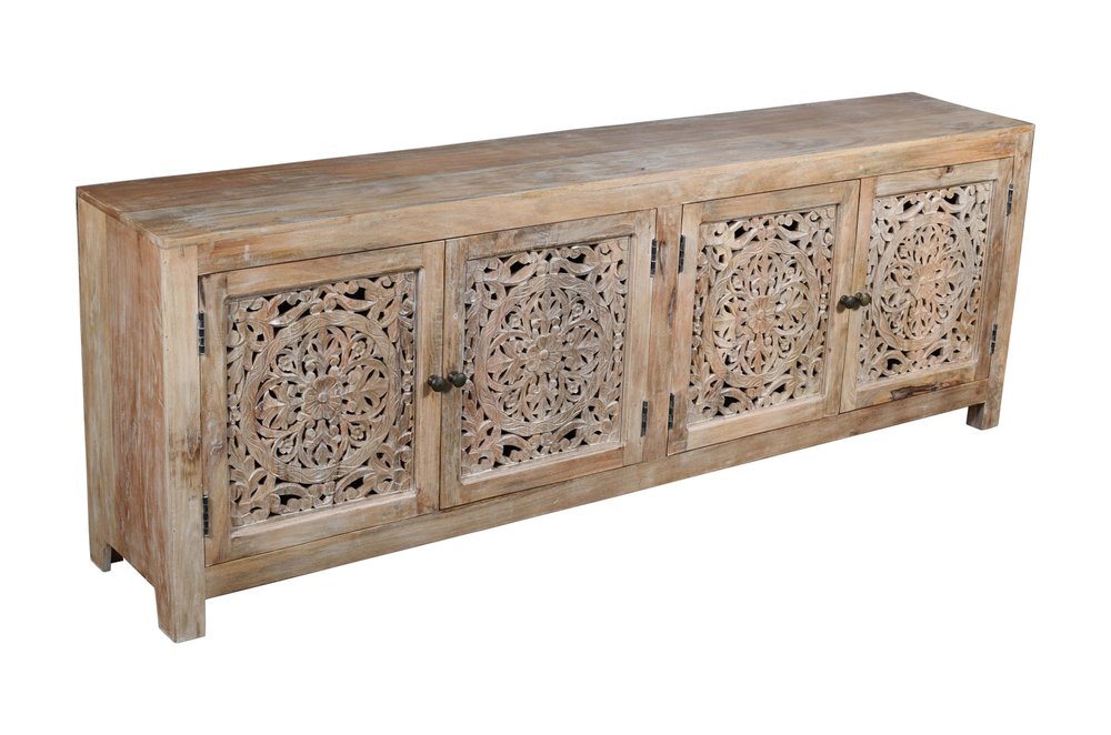Hand carved floral design doors mango wood entertainment console 