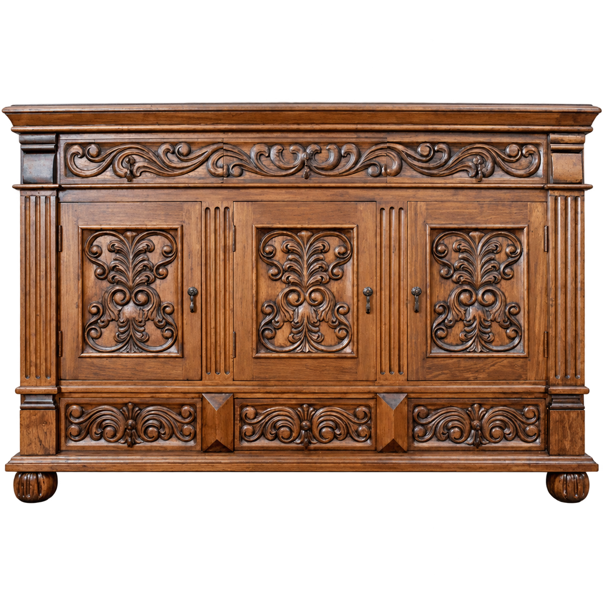 An ornate carved wooden sideboard cabinet with three main doors, decorative scrollwork relief panels, fluted side columns, and round feet, shown on a plain white background.