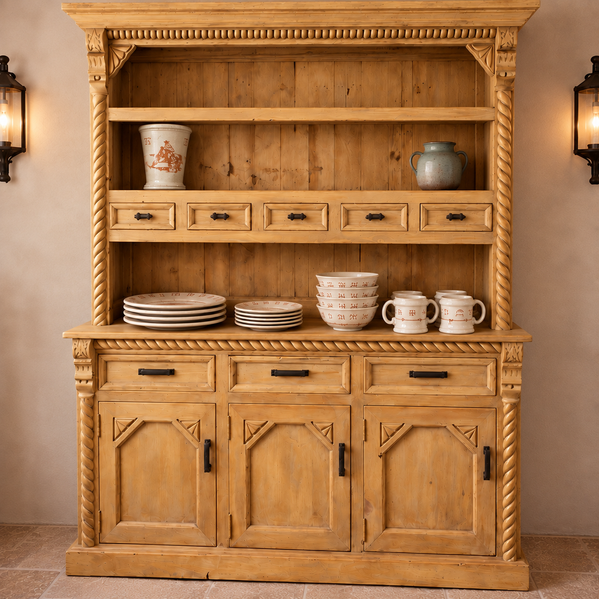 A large rustic wooden hutch or buffet cabinet with carved details, rope-textured trim, and black hardware, styled with plates, bowls, mugs, and vases on its shelves and counter against a beige wall with wall sconces.