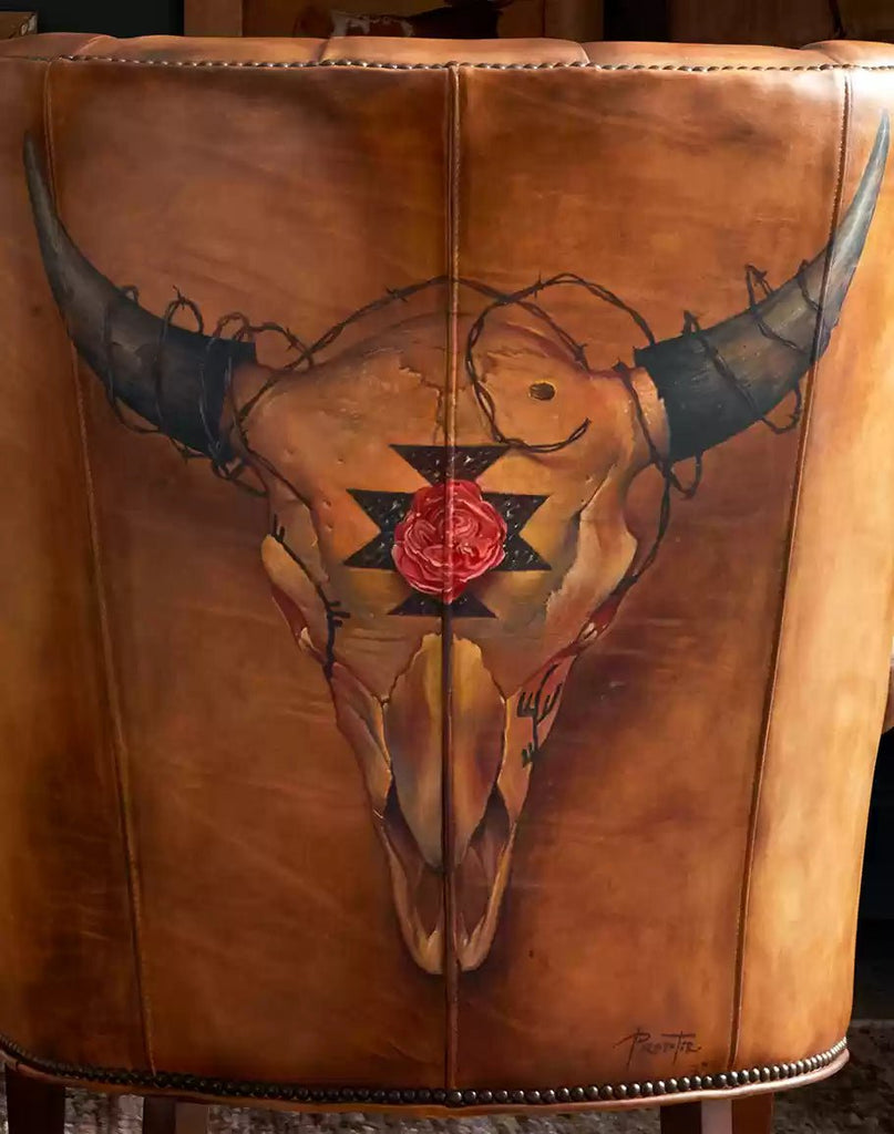 Hand painted Buffalo Skull Tufted Leather Chair - Your Western Decor
