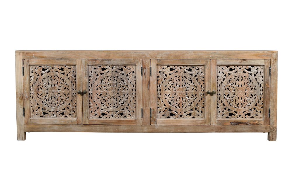 Handcrafted distressed wood sideboard with floral carvings 