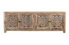 Handcrafted distressed wood sideboard with floral carvings 