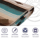 Folded Yara Azul Southwestern wool blanket with brand logo and sustainability features displayed below.