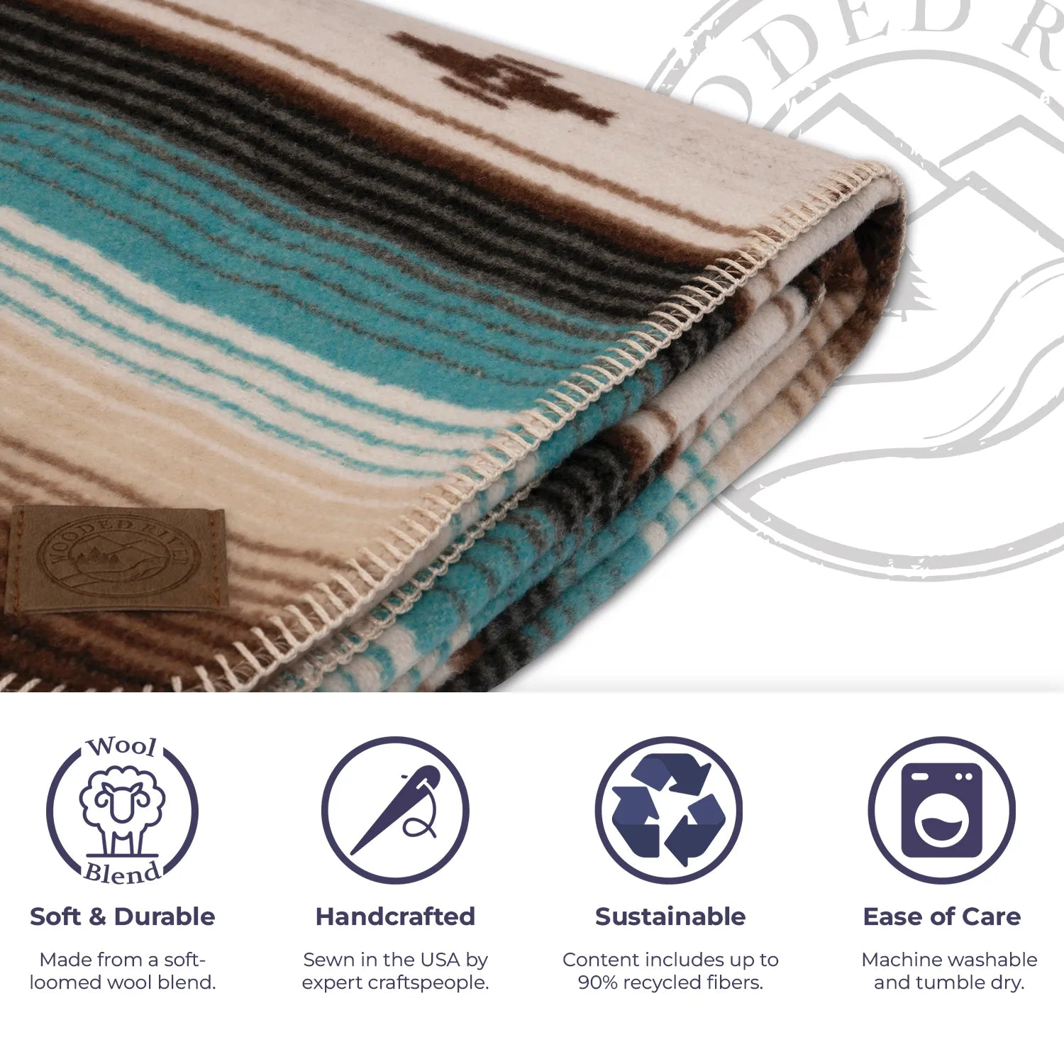 Folded Yara Azul Southwestern wool blanket with brand logo and sustainability features displayed below.