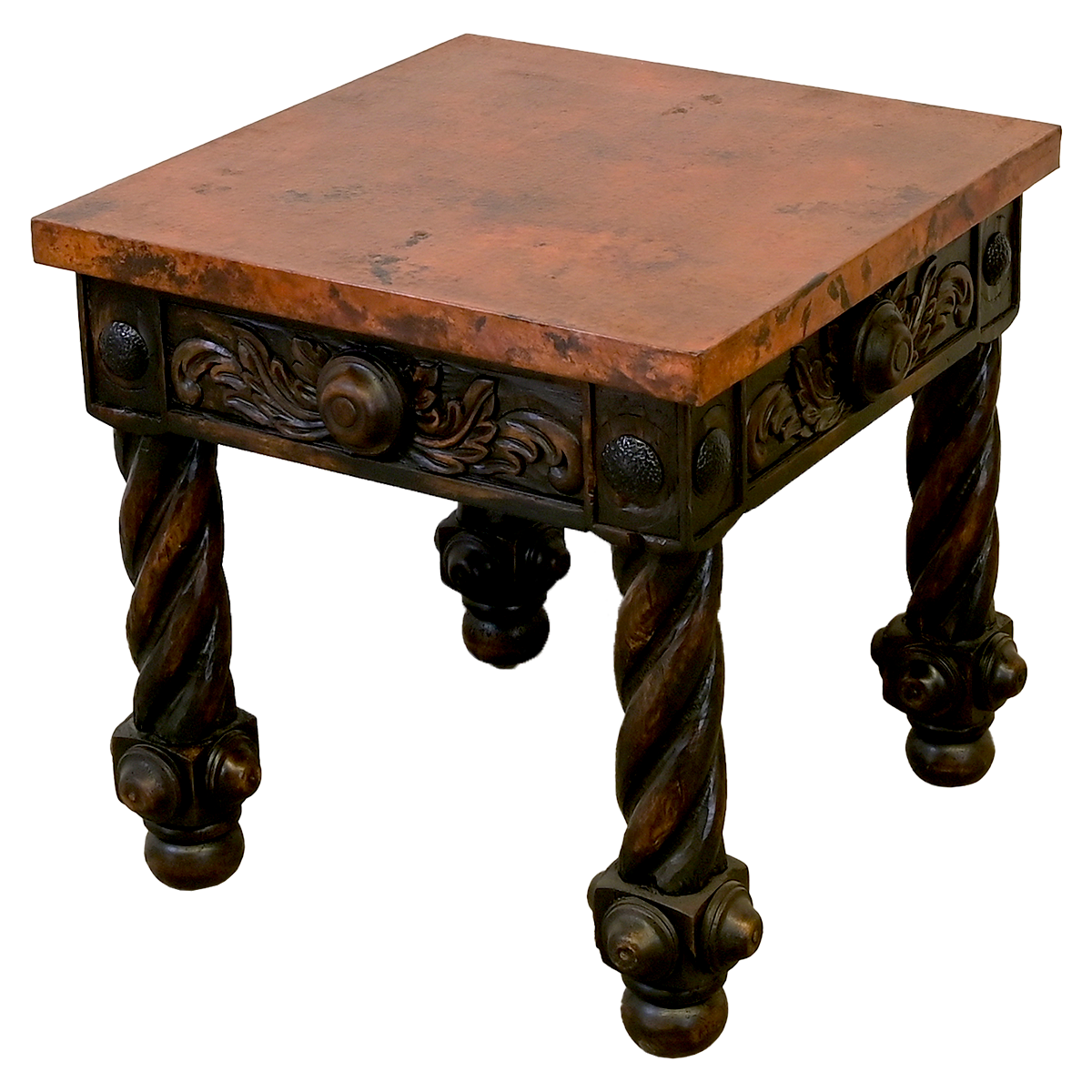 Hammered copper top, hand carved rustic end table made in Mexico - Your Western Decor