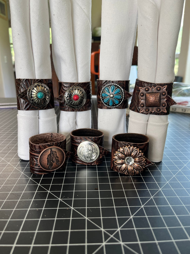 Western leather and concho napkin rings handmade by Your Western Decor
