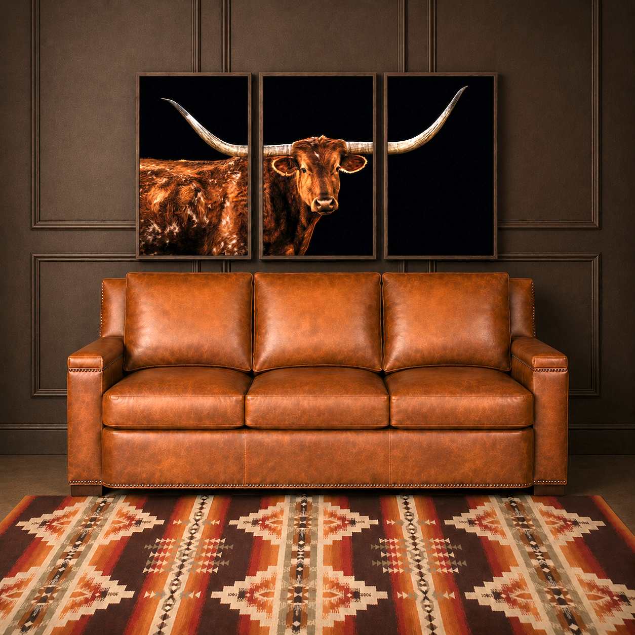 Harness Blade Leather Sofa in hand-burnished almond leather staged in front of dark paneled wall with southwestern rug and longhorn triptych art