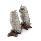 Pewter owl salt and pepper shakers perched on a log - Your Western Decor