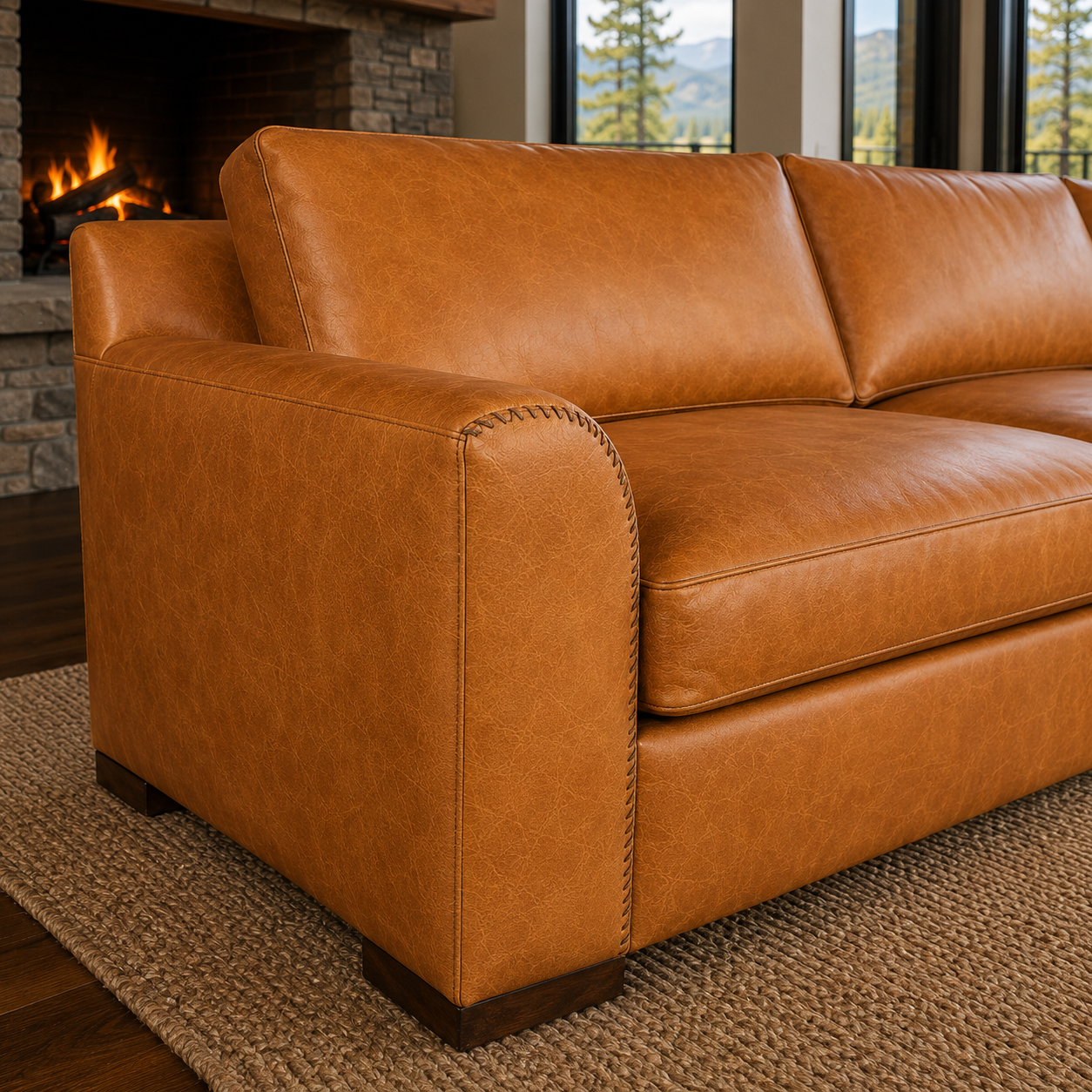 Hathaway leather sofa whip stitched arm detail 
